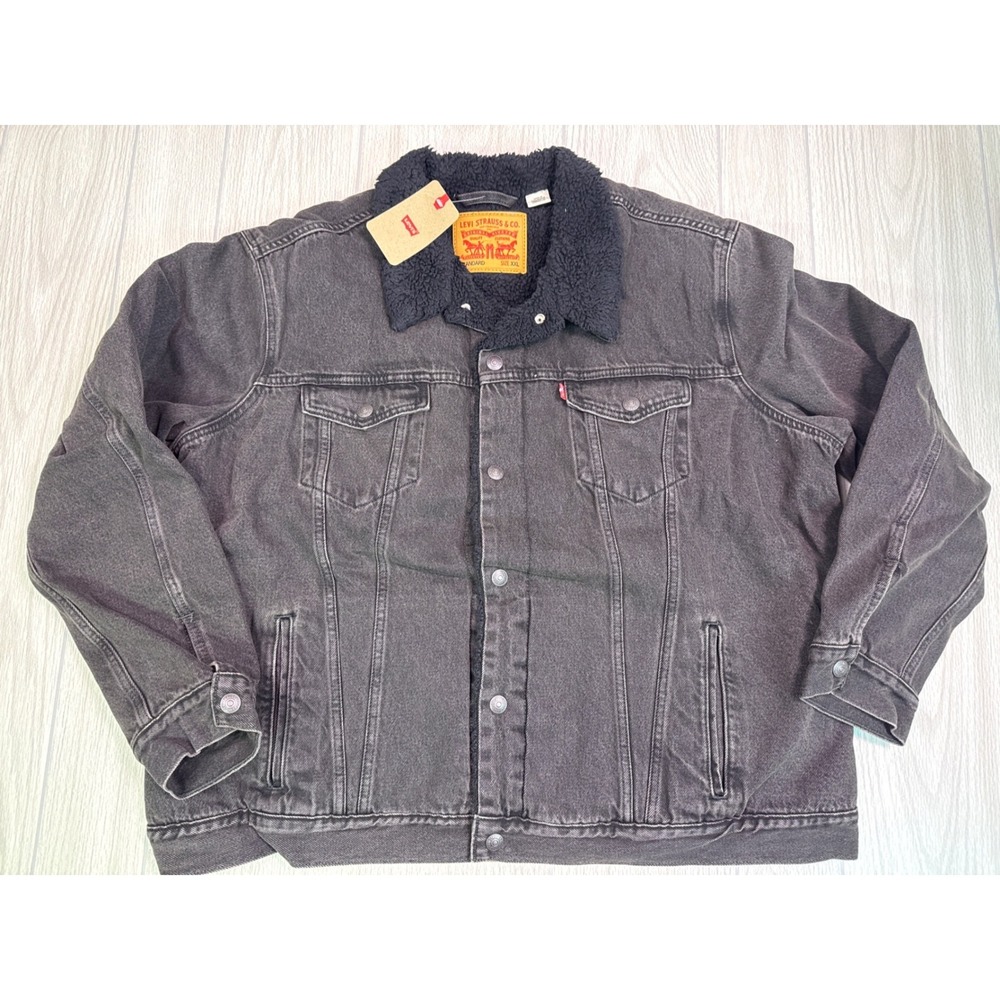 Levis Mens Sherpa Trucker Jacket In Black Denim Size XXL New With Tags